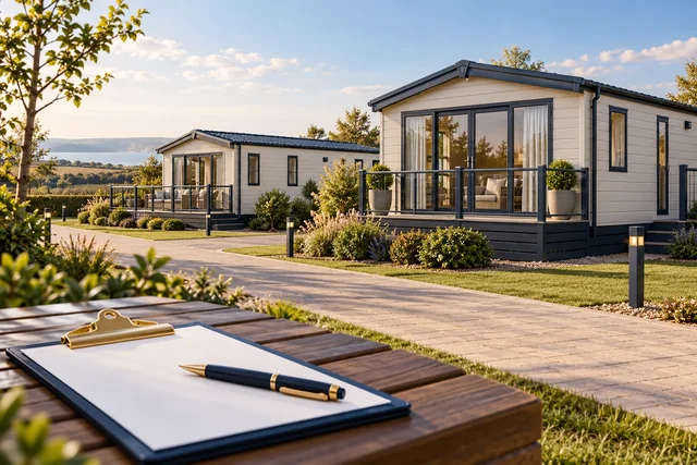 Illustration of holiday caravans beside a landscaped path, with an assessment clipboard in the foreground